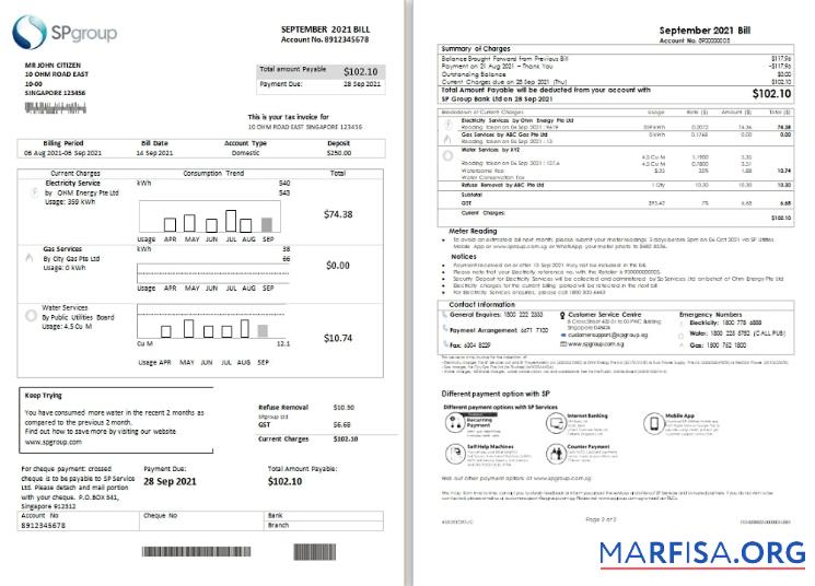 Printable Singapore SP Group utility bill template in Word and PDF format (2 pages)